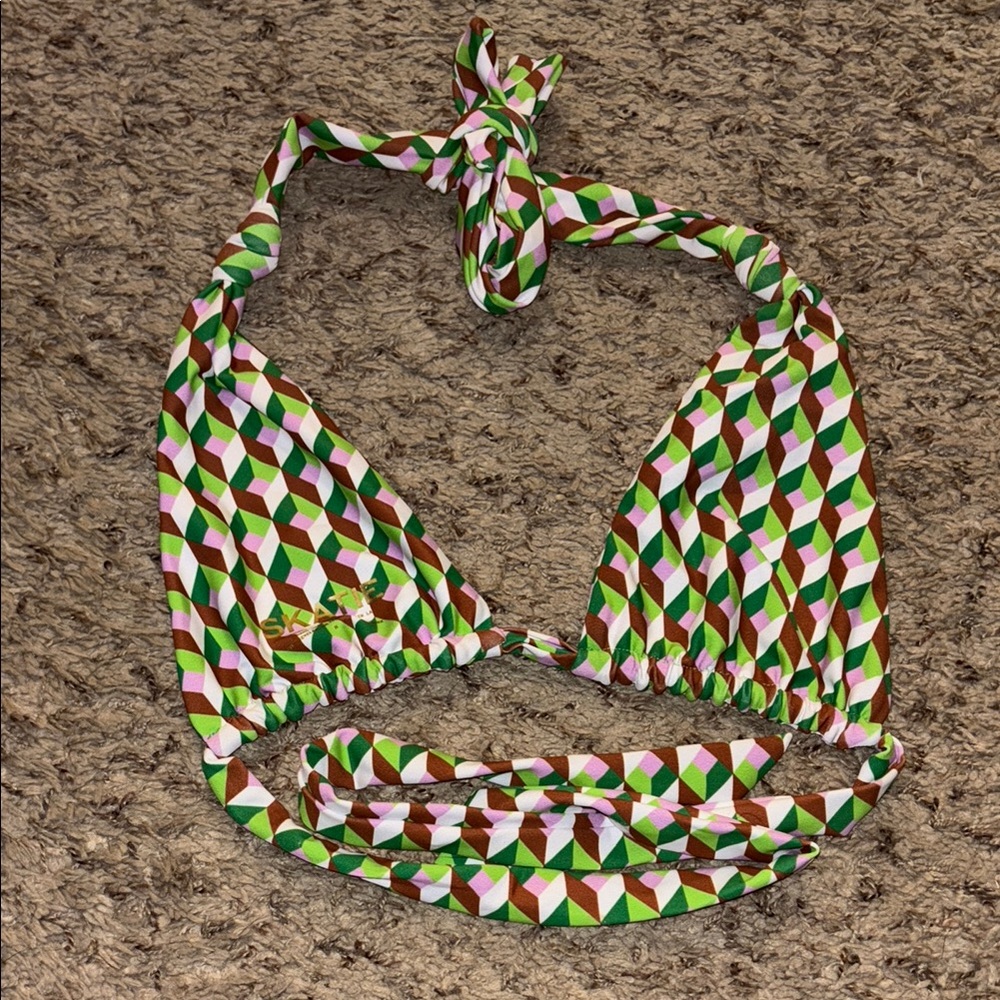 Skatie Geometric Bikini Top - Green, Pink, Brown